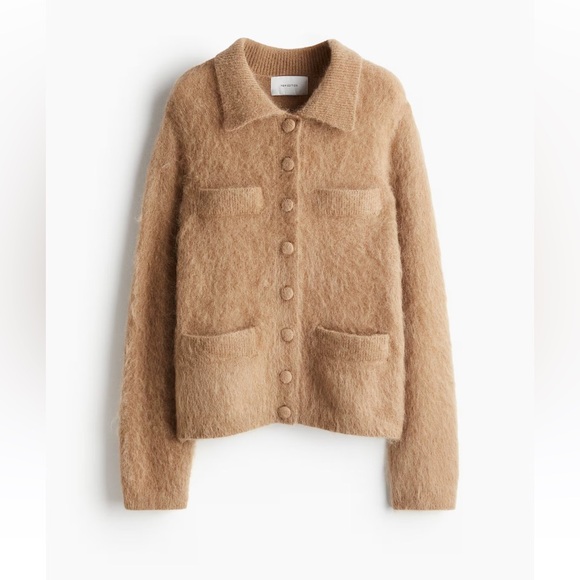 H&M MOHAIR-BLEND COLLARED CARDIGAN in Dark Beige - Picture 4 of 13